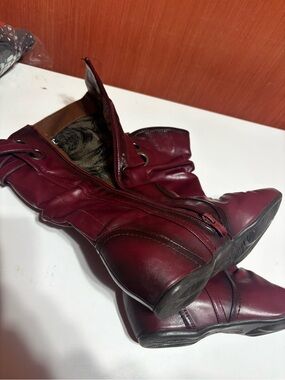 Vangelo Burgundy Slouch Boots Size 36 | Boho Side Zip Mid-Calf Boots